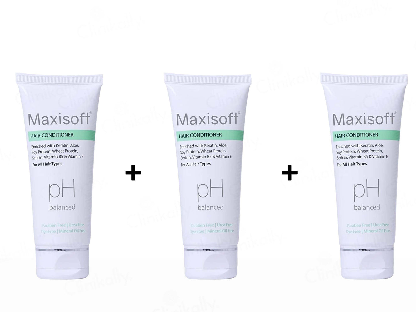 Three bottles of Maxisoft hair conditioner on a white background