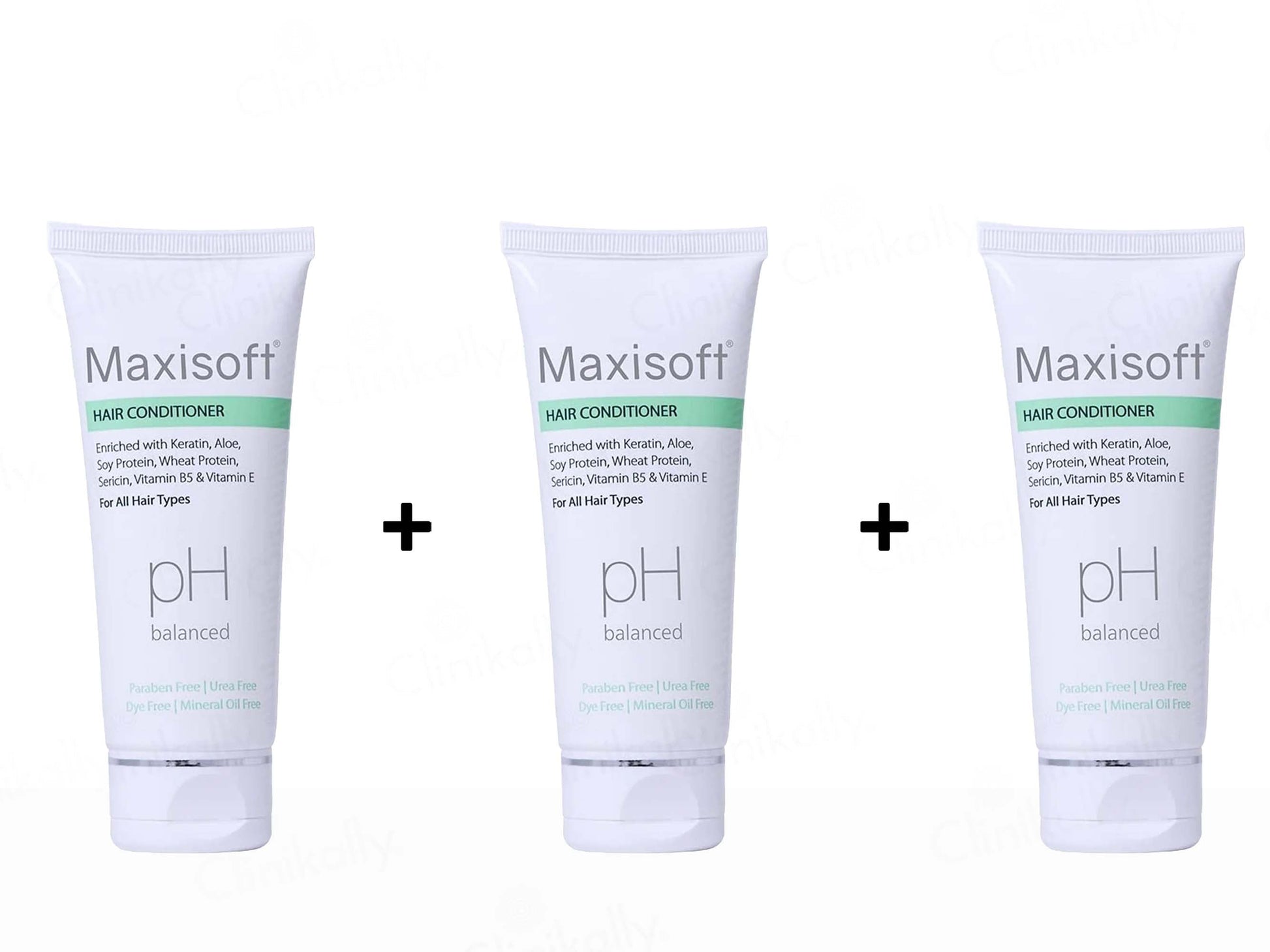 Three bottles of Maxisoft hair conditioner on a white background