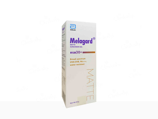 Melagard sunscreen gel packaging on a white background