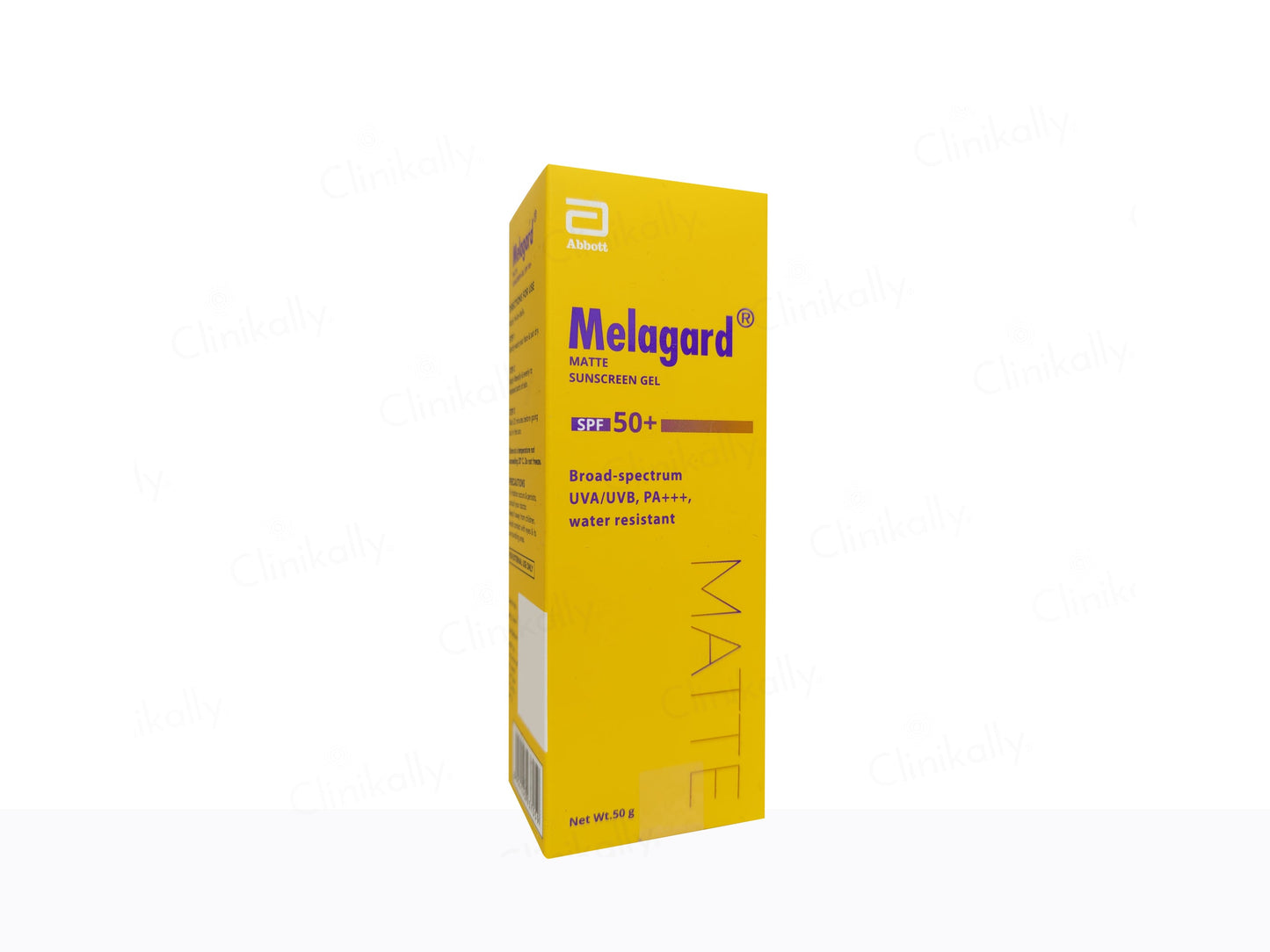 Yellow box of Melagard Matte Sunscreen Gel on a white background