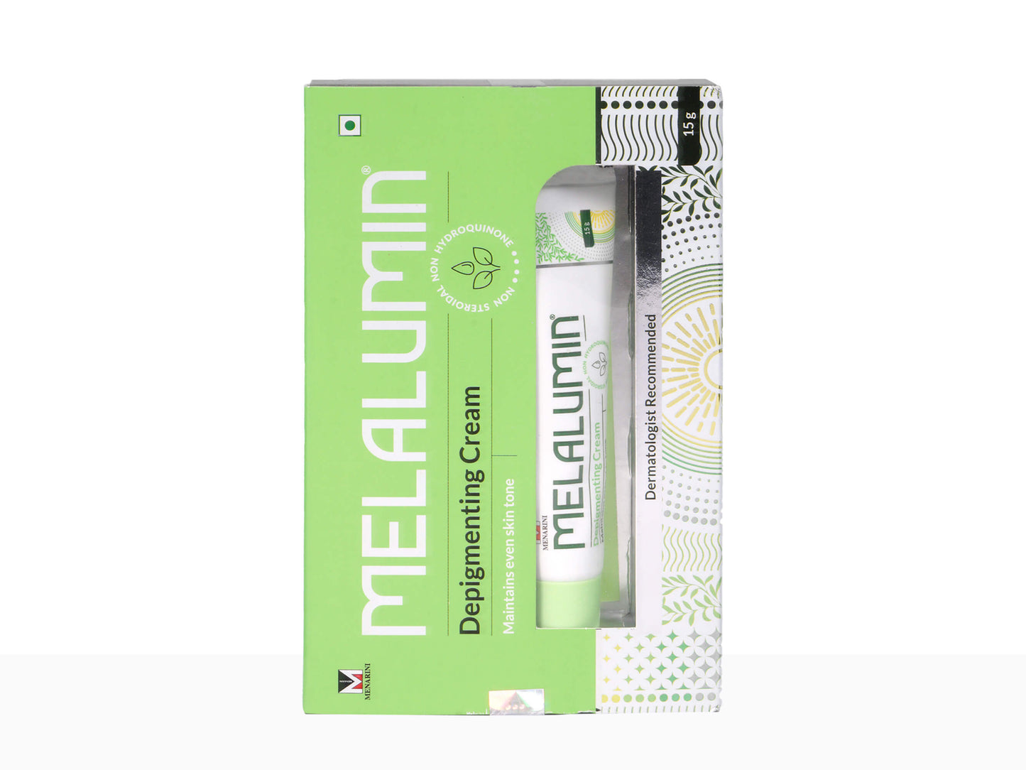 Melalumin depigmenting cream packaging with green box and white tube on a white background