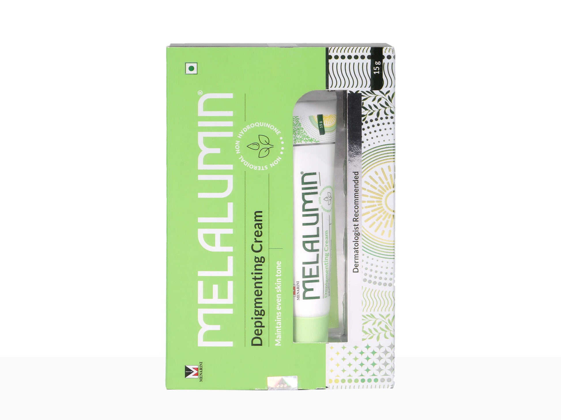 Melalumin depigmenting cream packaging with green box and white tube on a white background