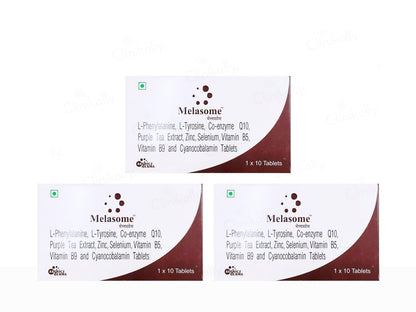 Three boxes of Melasome tablets on a white background