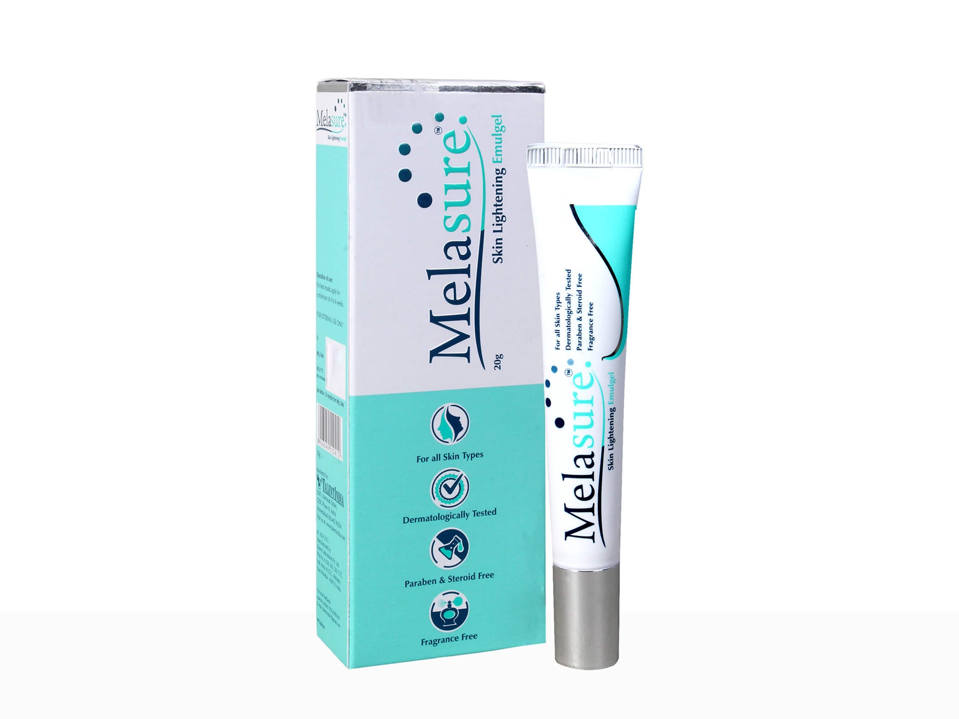 Melasure skin lightening gel with packaging on a white background