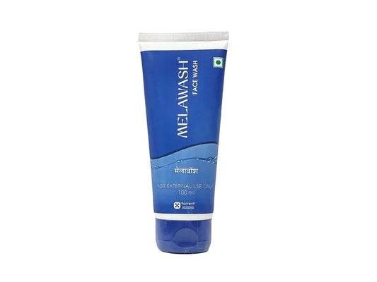 Blue tube of Melavish face wash on a white background