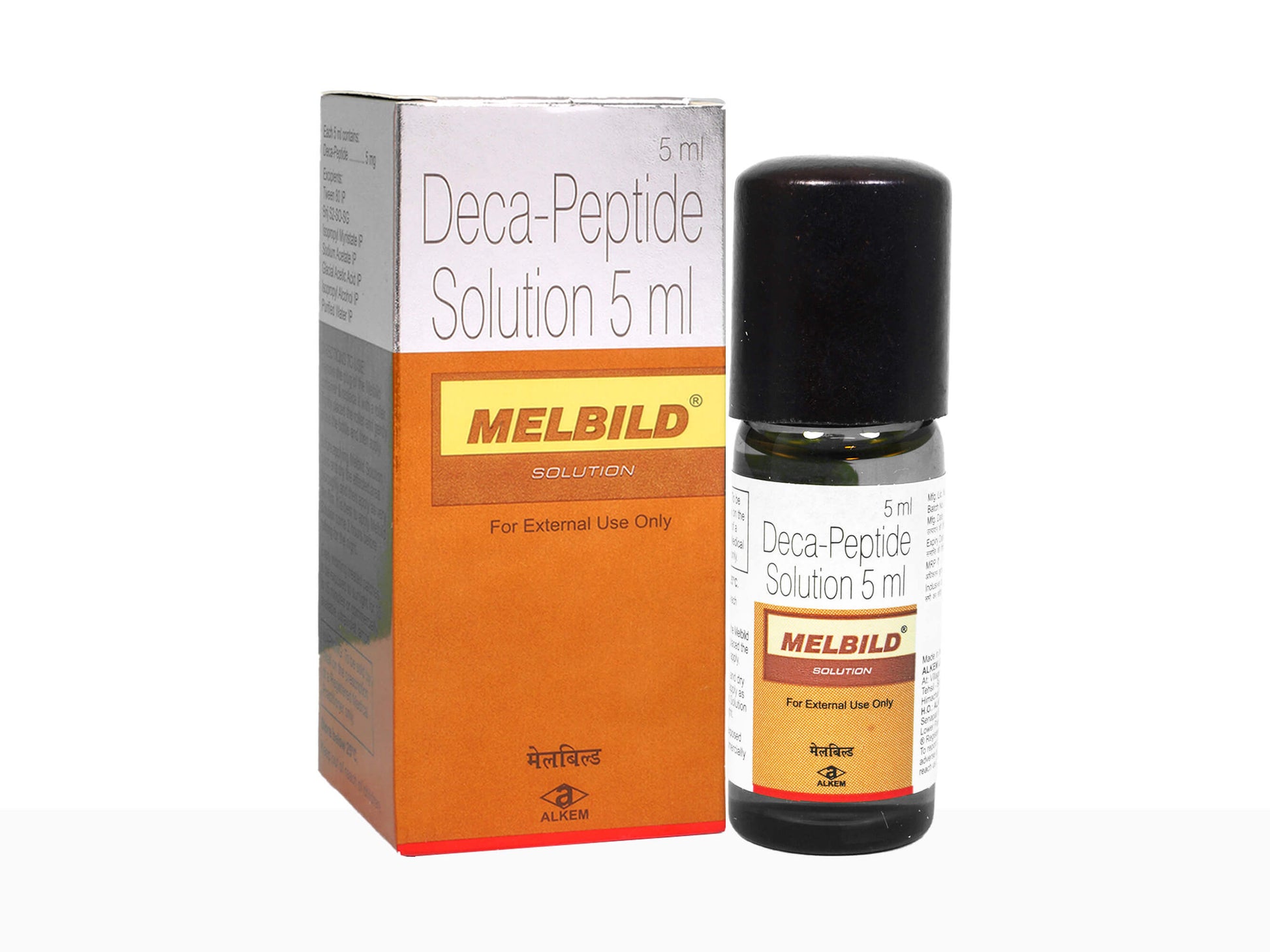 Melbild Deca-Peptide Solution 5 ml bottle and packaging on a white background