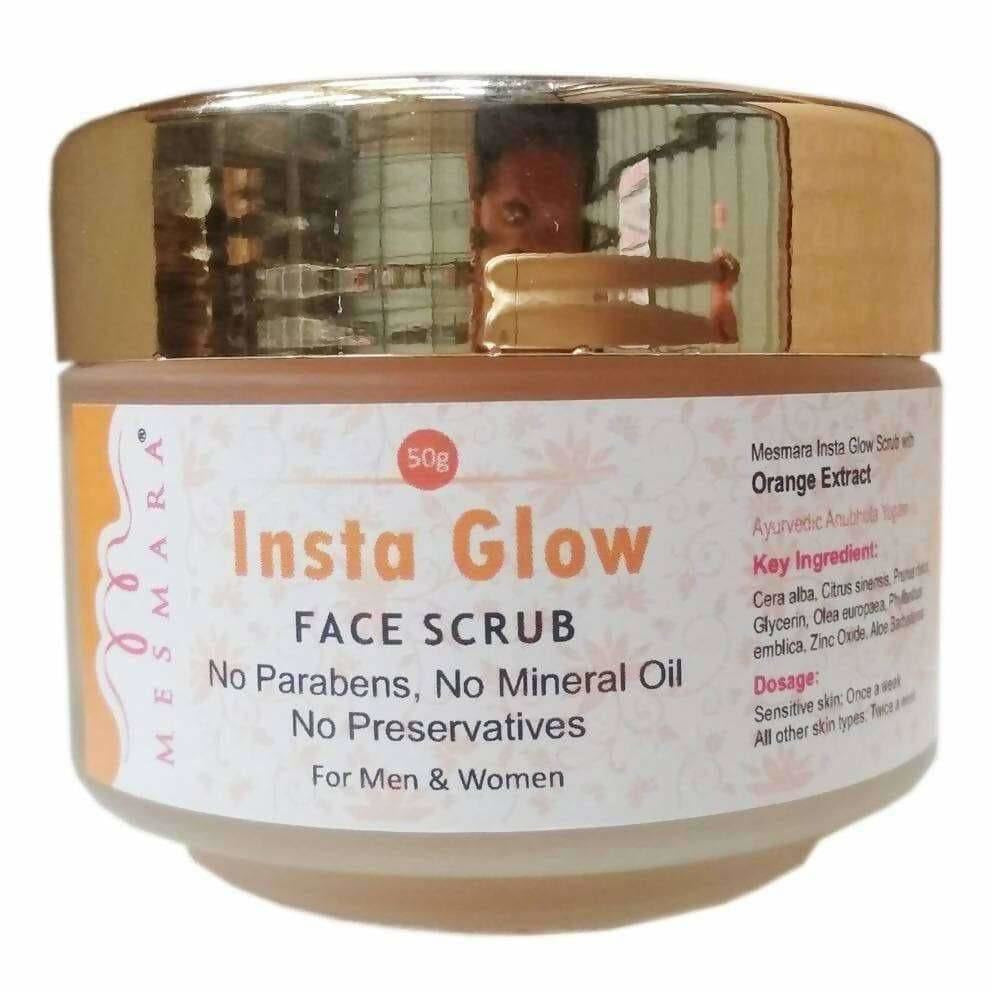Insta Glow face scrub jar with gold lid on a white background