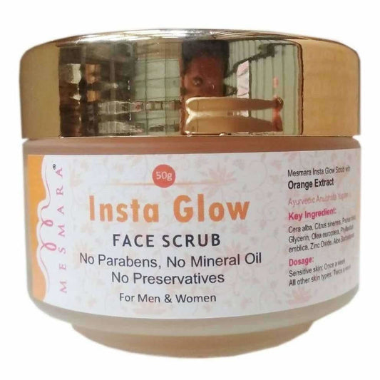 Insta Glow face scrub jar with gold lid on a white background