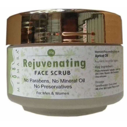 Jar of Rejuvenating Face Scrub with gold lid on a white background