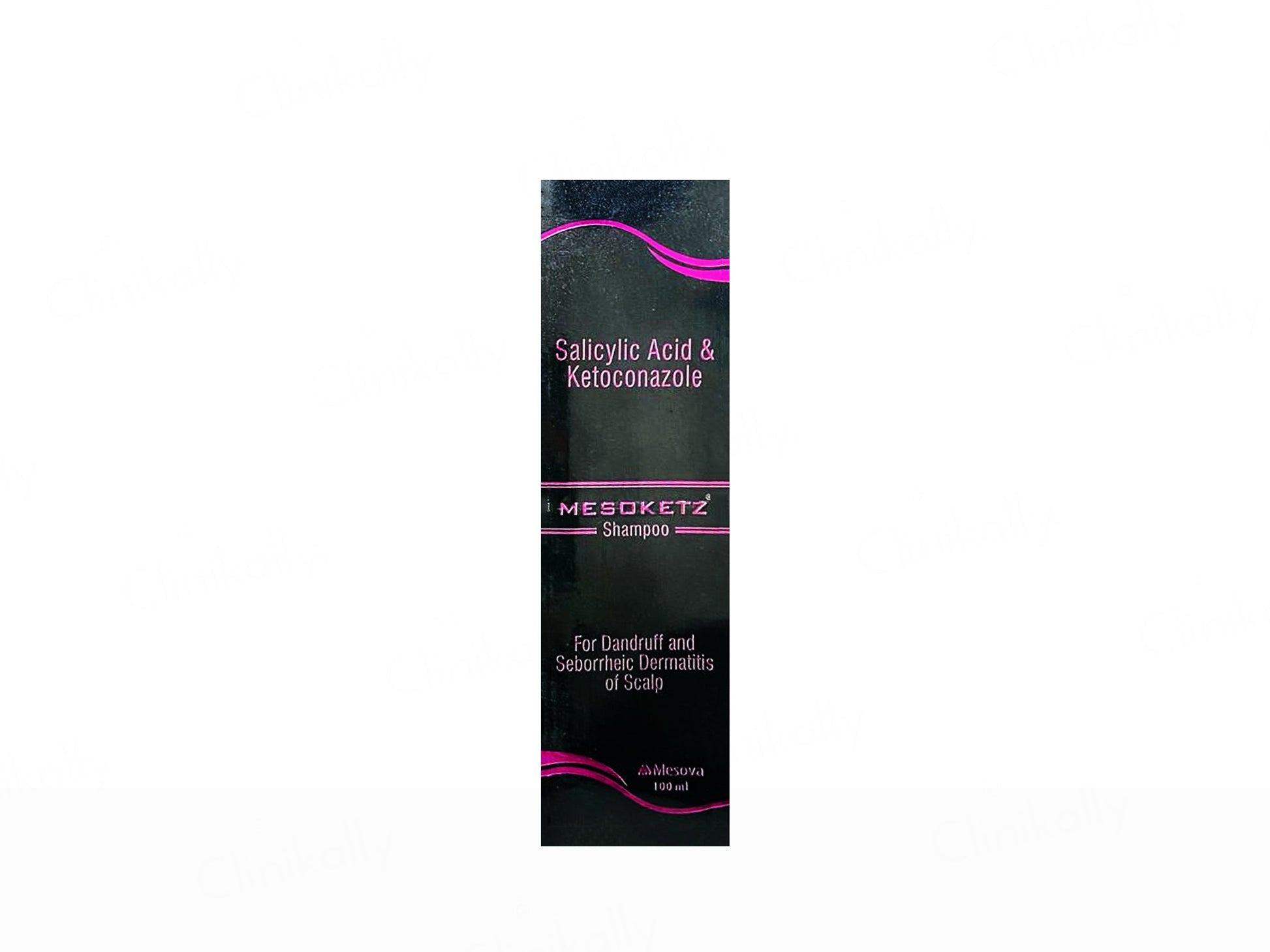 Shampoo bottle with black label featuring pink text on a white background