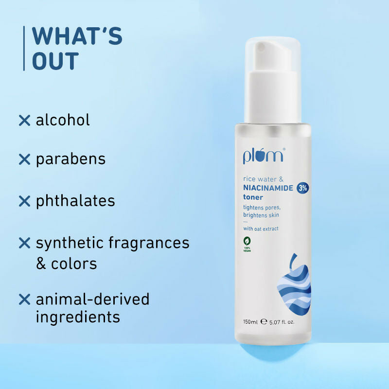 Plum 3% Niacinamide Alcohol-Free Toner With Rice Water and 10% Niacinamide Brightening Face Serum Combo