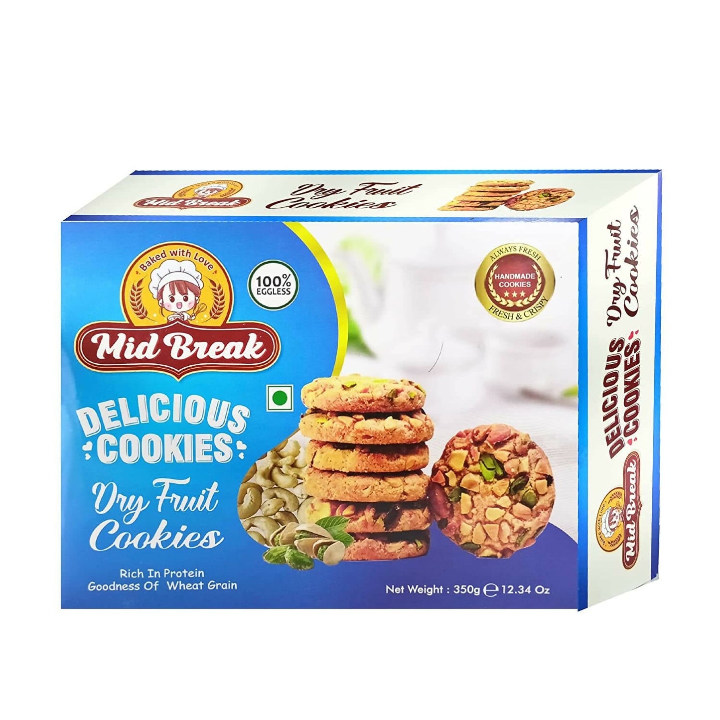 Box of Mid Break dry fruit cookies with images and text on a white background