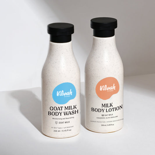Two bottles of Vilvah Organics body wash and lotion on a white background