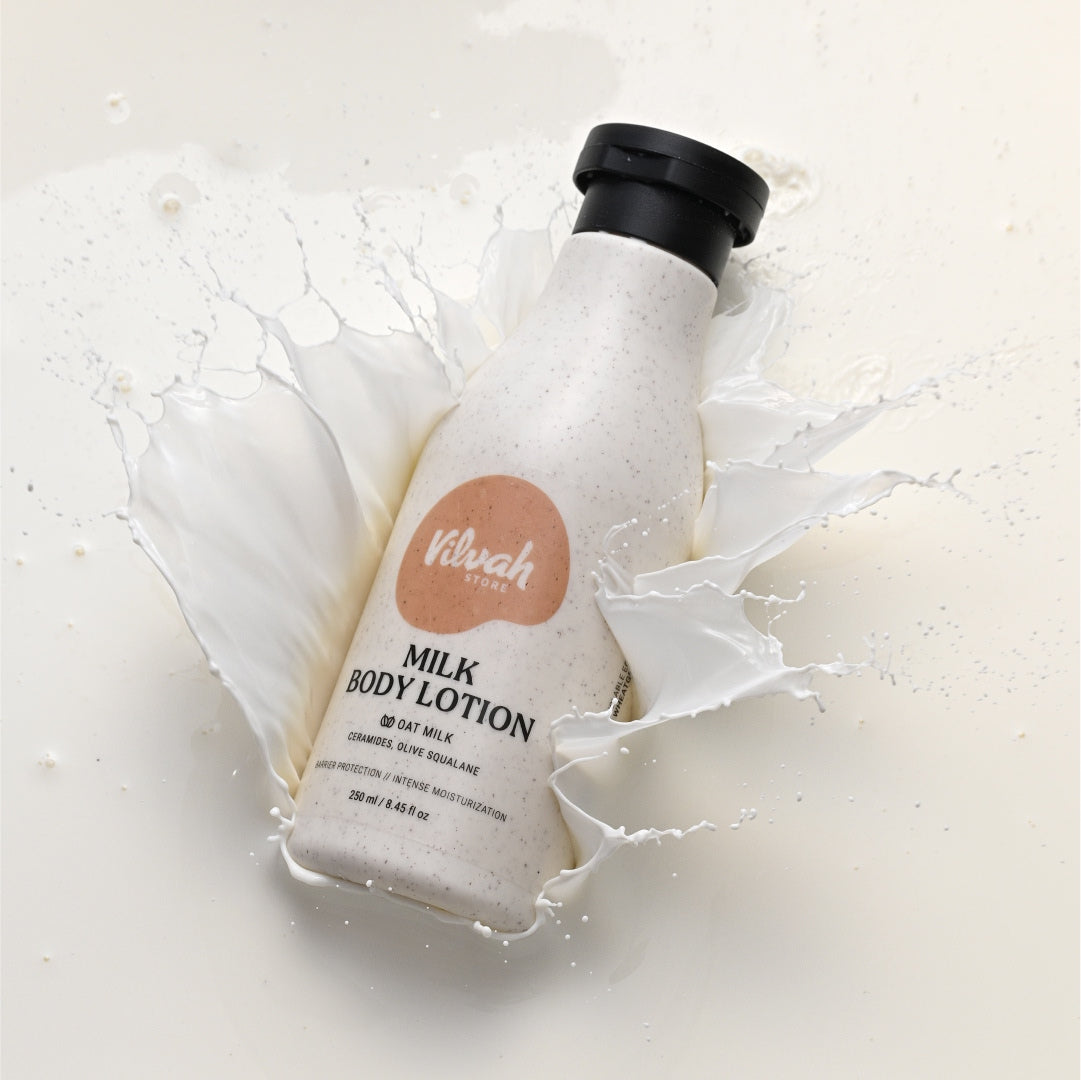 Vivah Care milk body lotion bottle with a splash effect on a light background
