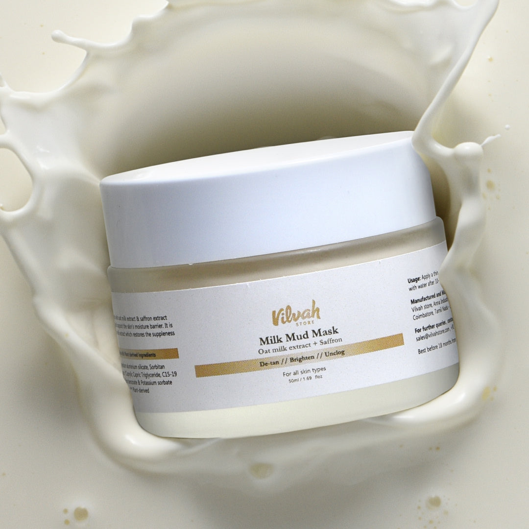 Kivvah Milk Mud Mask jar with a splash of milk in the background