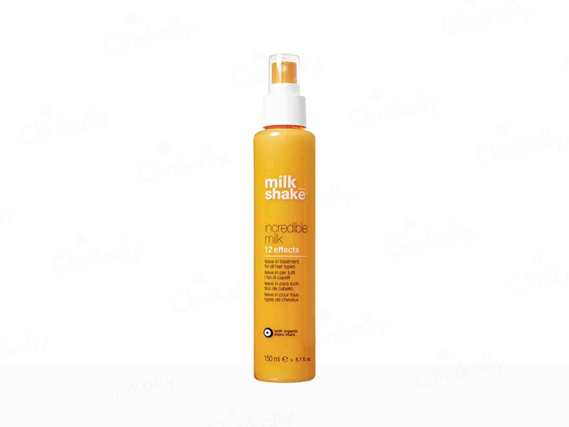Orange spray bottle with 'milk shake' branding on a white background