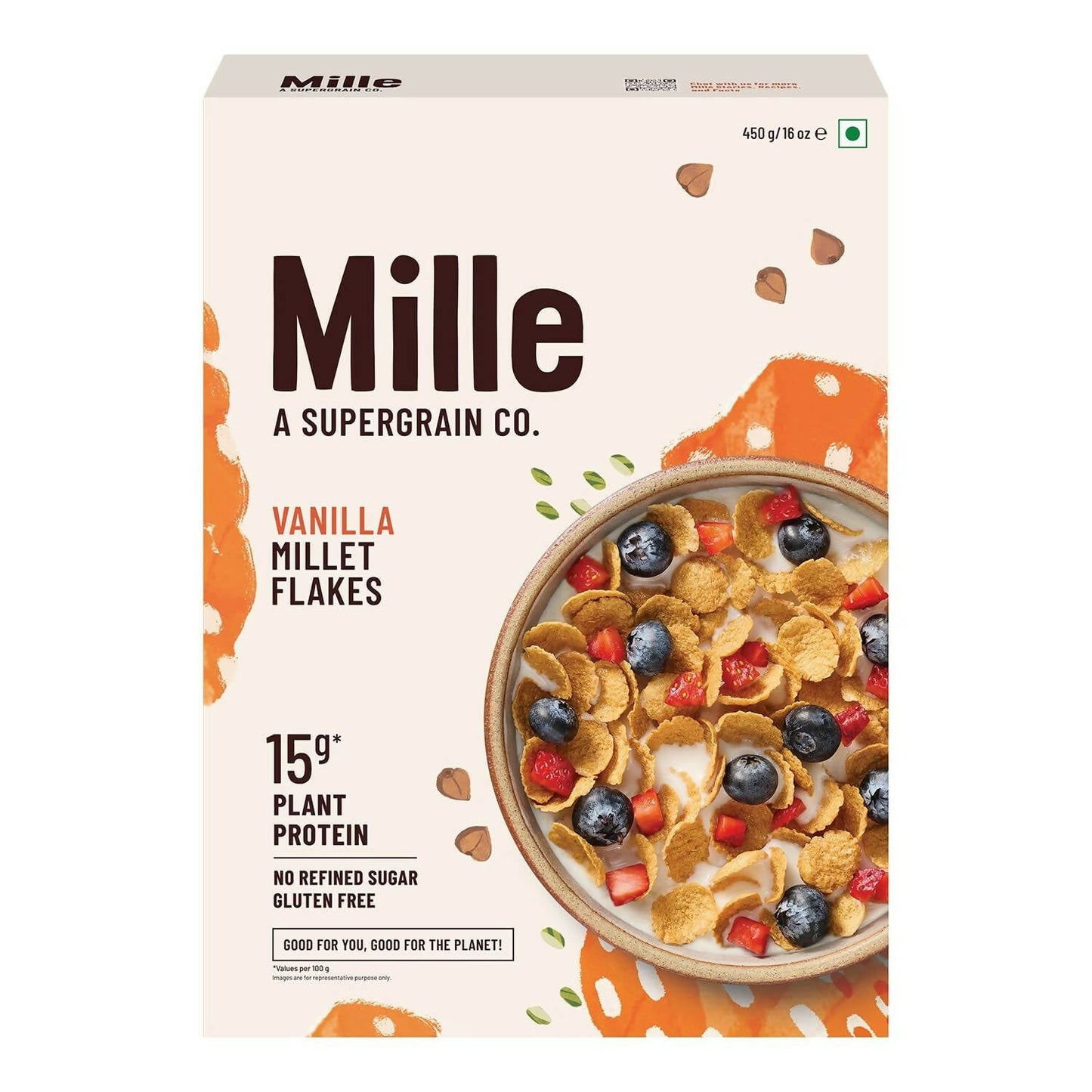Box of Mille Vanilla Millet Flakes cereal with a bowl of cereal on a white background