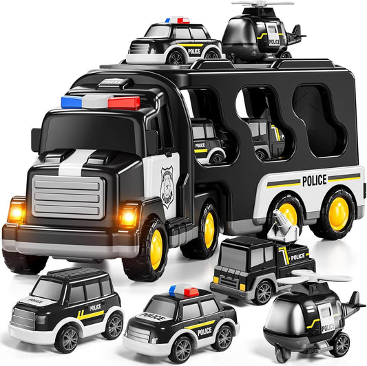 Mini Explorer 5 in 1 Police Trucks Boy Toys for 3-5 Year Old Toddlers - Toys for 3 4 5 6 7 Years Old Transport Vehicle Carrier Truck Sets Kids Boys & Girls