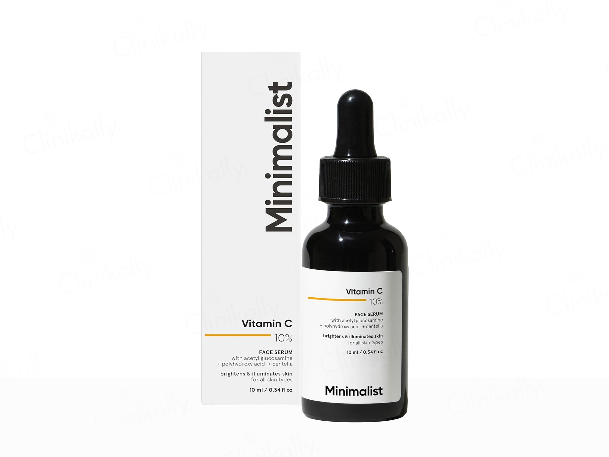 Vitamin C serum bottle with dropper and packaging labeled 'Minimalist' on a white background