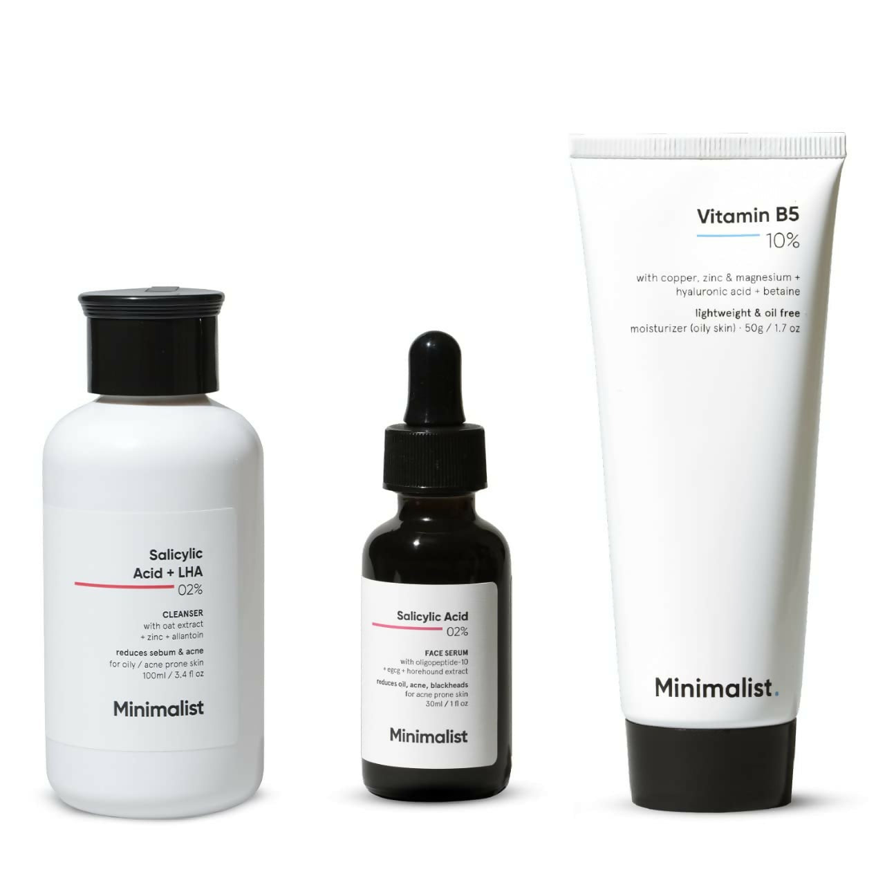 Three skincare products from the brand 'Minimalist' on a white background