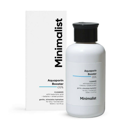 White bottle of Aquaporin Booster with black cap on a white background, featuring the 'Minimalist' brand.