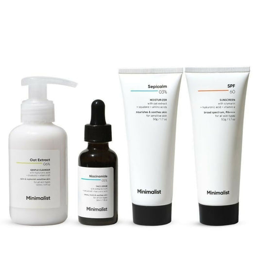 Collection of skincare products with 'Minimalist' branding on a white background