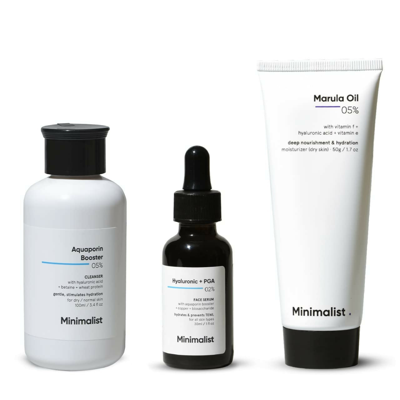 Three skincare products from the brand 'Minimalist' on a white background