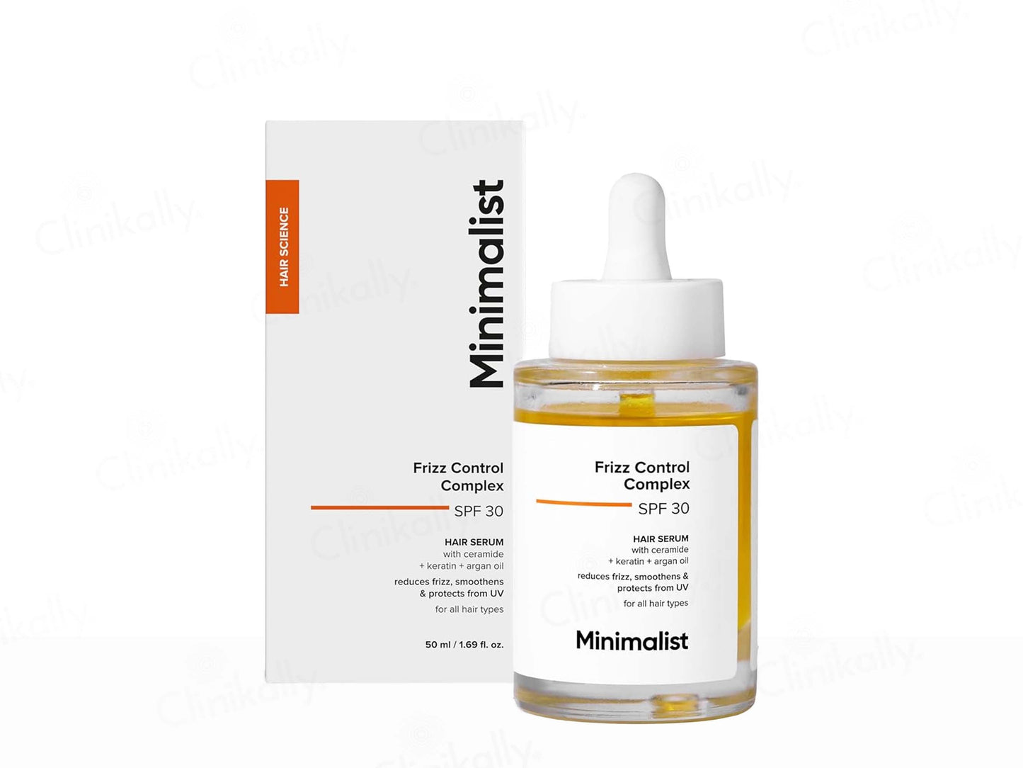 Minimalist Frizz Control Complex bottle and packaging on a white background