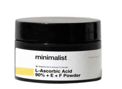 Jar of L-Ascorbic Acid 90% + E + F Powder by Minimalist on a white background