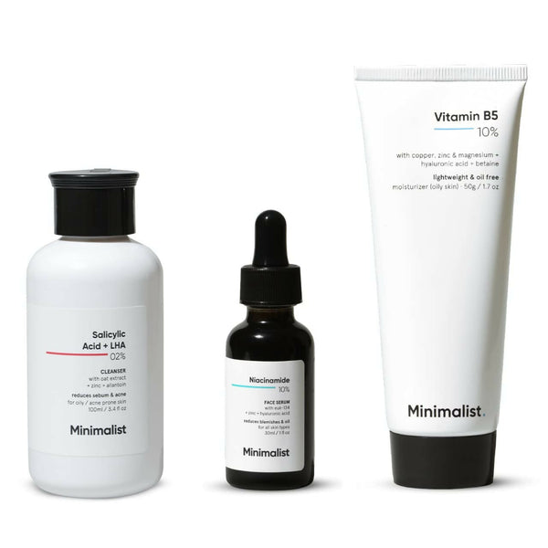 Three skincare products from the brand 'Minimalist' on a white background