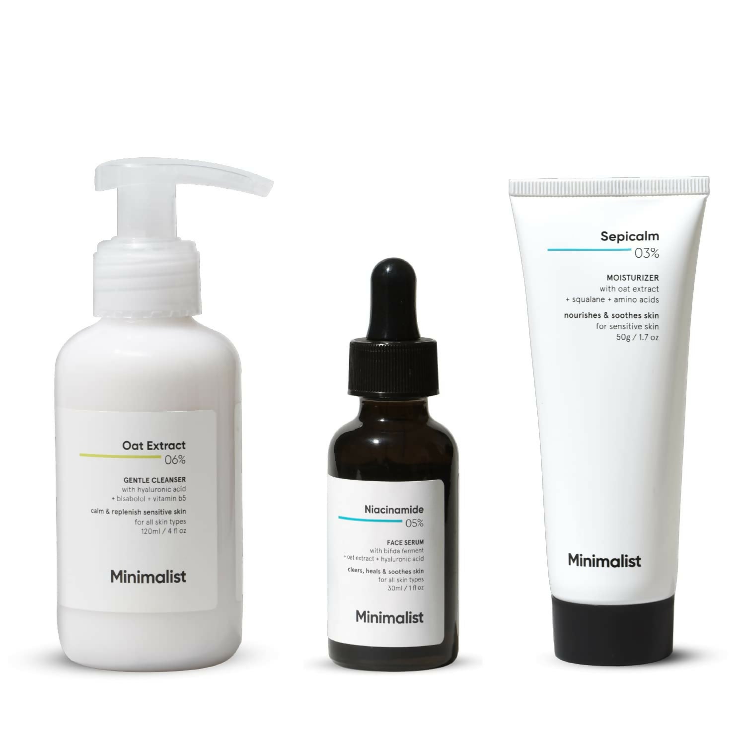 Three skincare products from the brand 'Minimalist' on a white background
