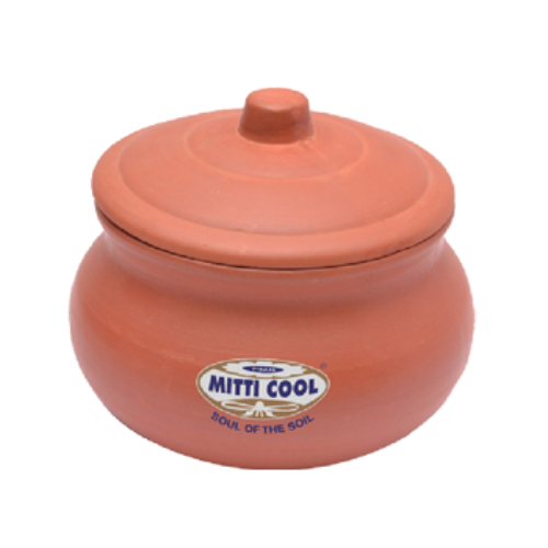 Terracotta pot with a lid on a white background, featuring the 'Mitti Cool' brand.