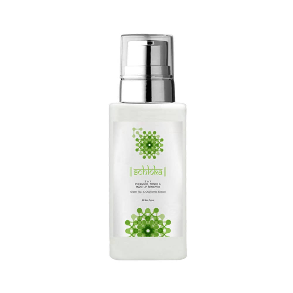 Skincare bottle with green label on a white background
