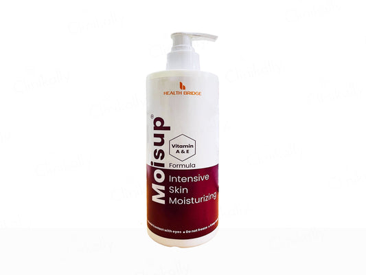 Bottle of Health Bridge Mois'Up Intensive Skin Moisturizing lotion on a white background
