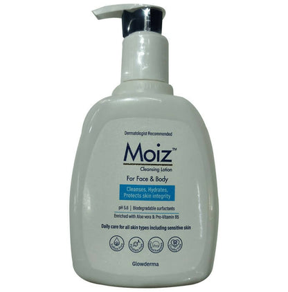 Moiz cleansing lotion bottle with pump on a white background