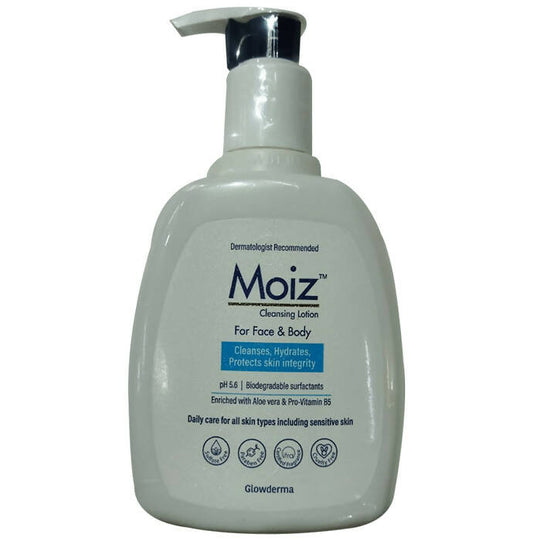 Moiz cleansing lotion bottle with pump on a white background