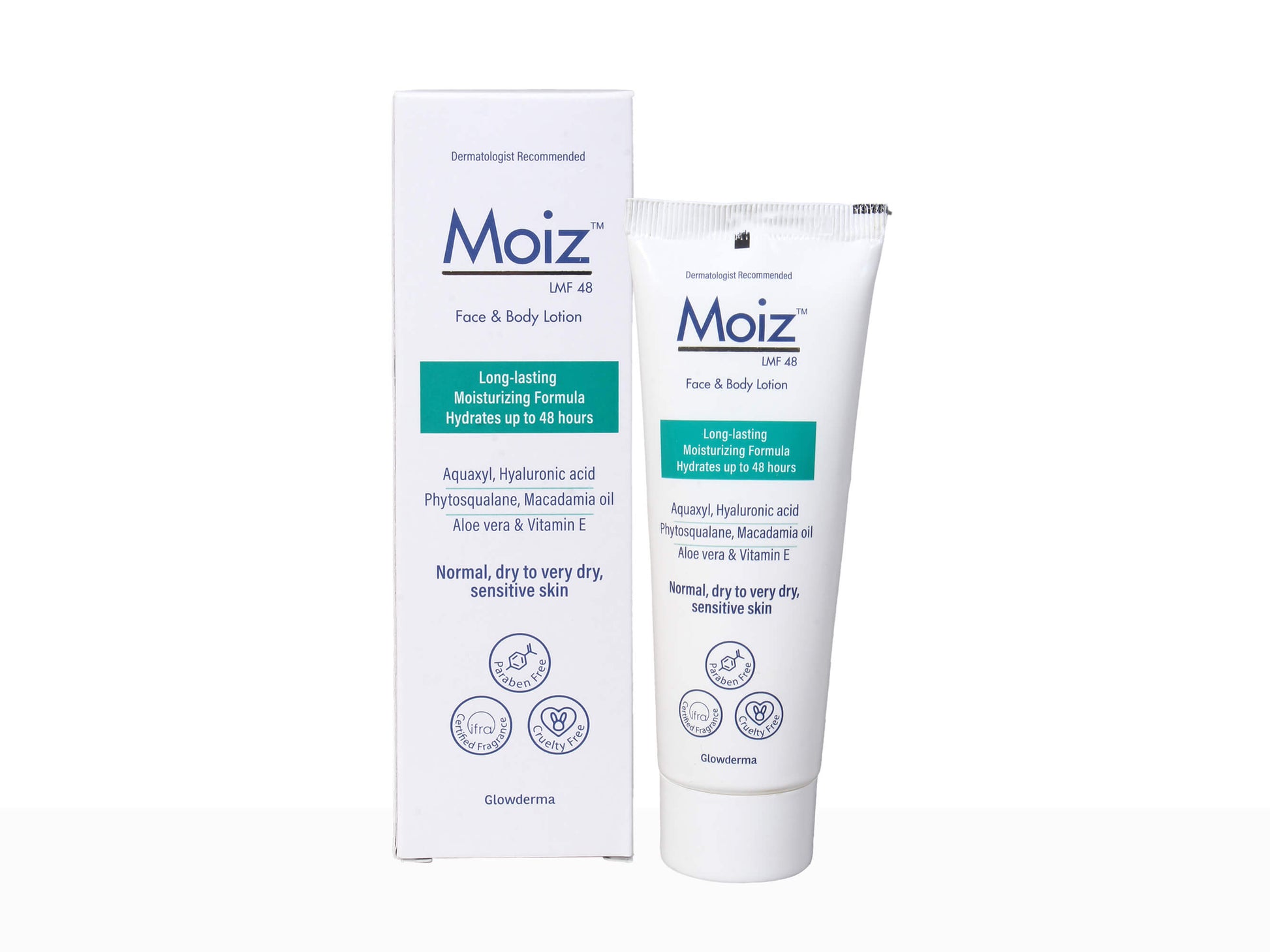 Moiz face and body lotion with packaging on a white background
