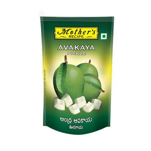 Pack of Mother's Recipe Avakaya Pickle with green avokada and white cubes on a green background
