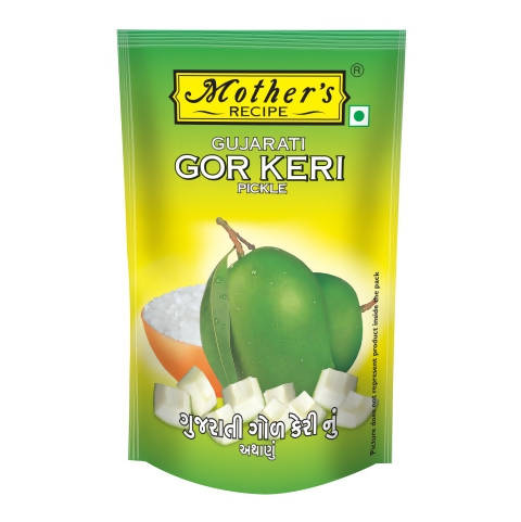 Packaging of Mother's Recipe Gujarati Gor Keri pickle with green and yellow design.