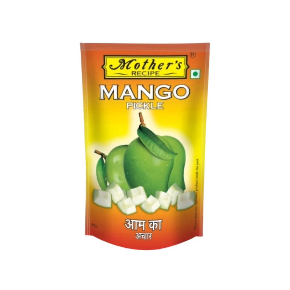 Mango pickle packaging with 'Mother's Recipe' branding on a white background
