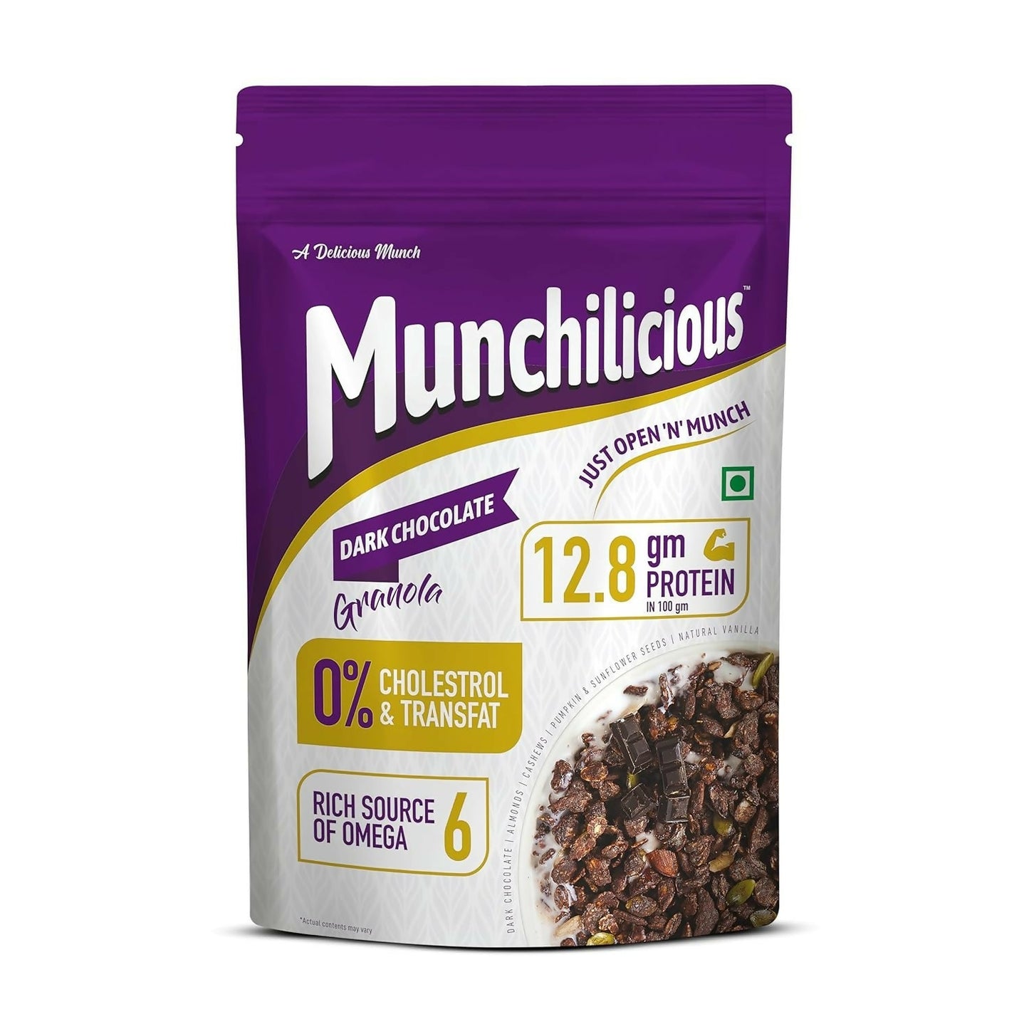 Munchilicious dark chocolate granola packaging on a white background