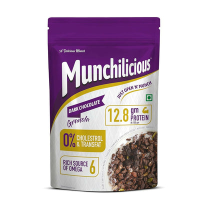 Munchilicious dark chocolate granola packaging on a white background