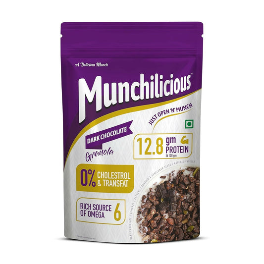 Munchilicious dark chocolate granola packaging on a white background