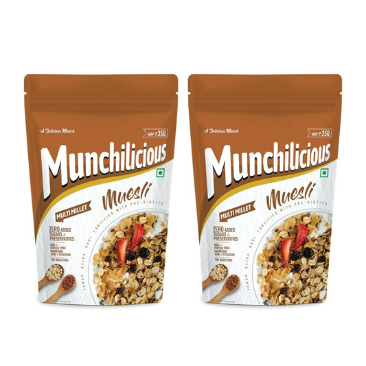 Two packages of Munchilicious Muesli on a white background