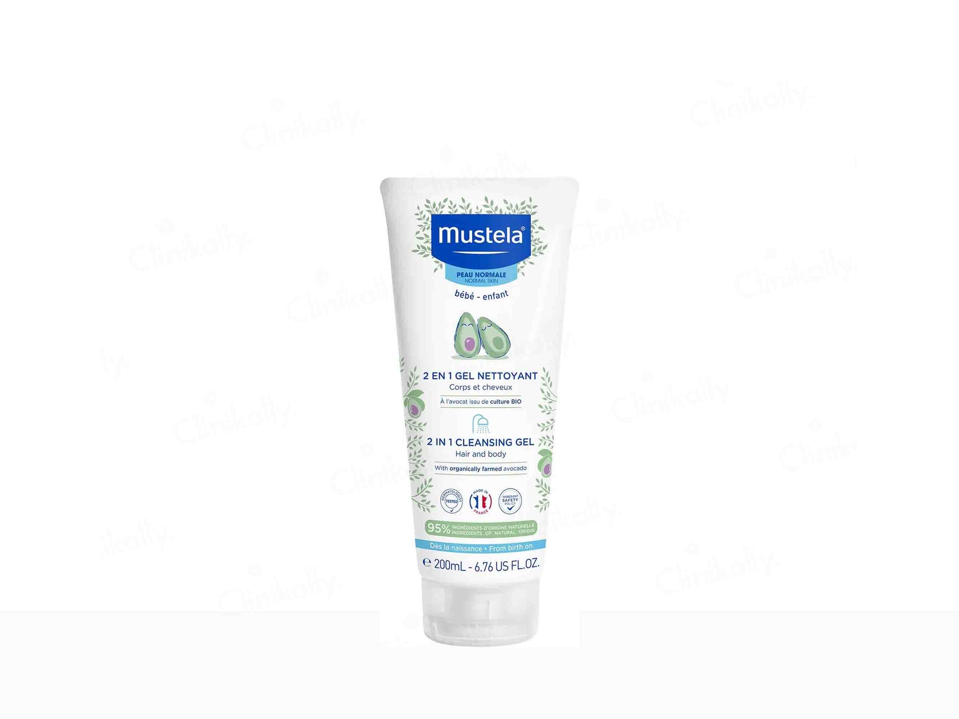 Mustela 2-in-1 cleansing gel tube on a white background