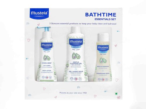 Mustela Bathtime Essentials Set packaging with three skincare products on a white background