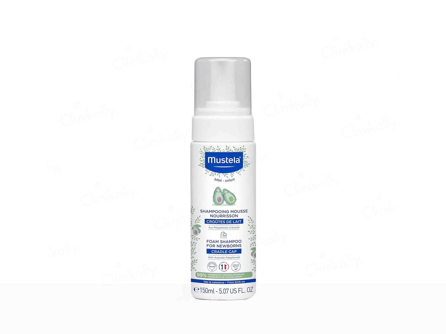 Mustela baby shampoo bottle on a white background