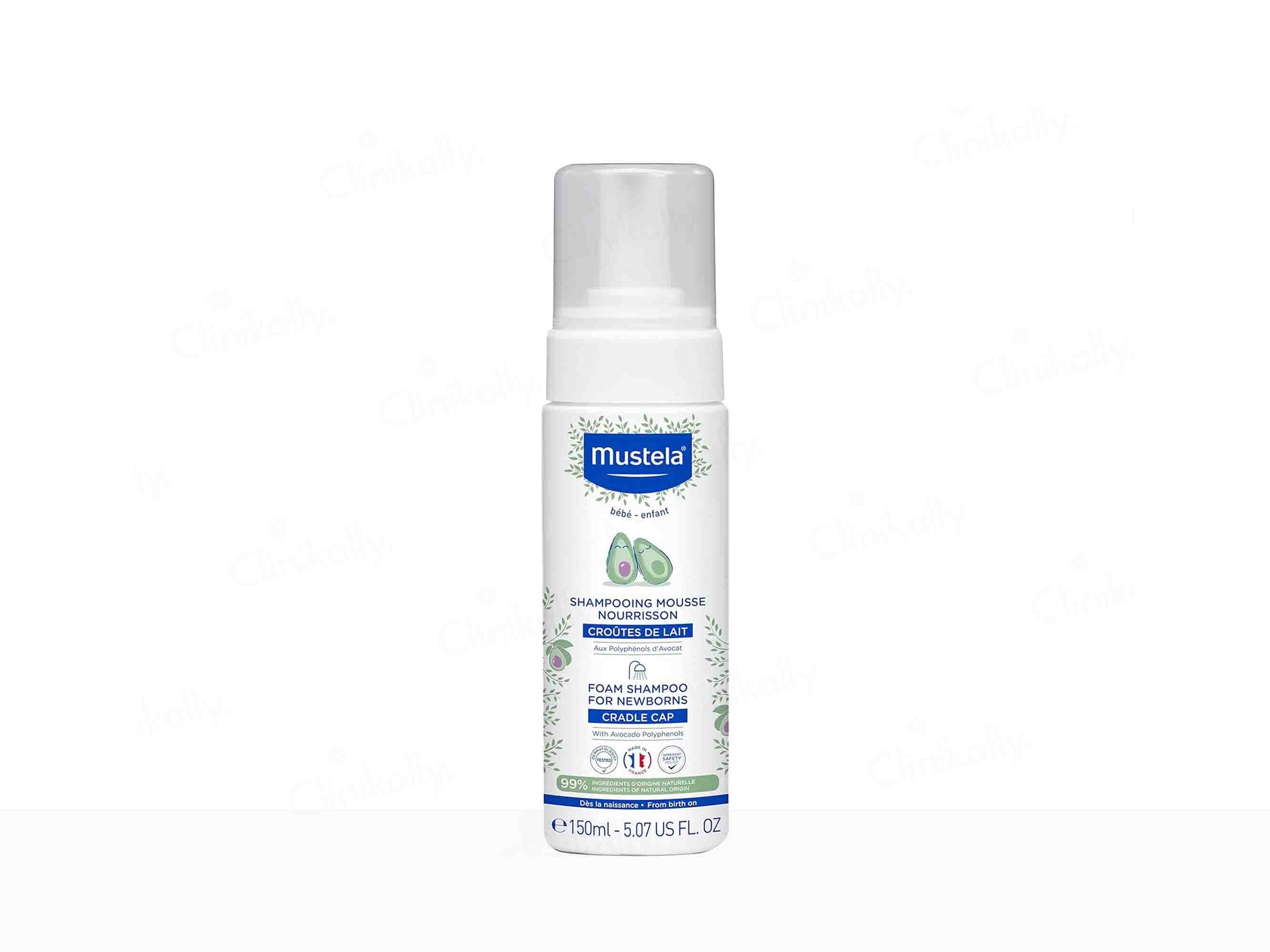 Mustela baby shampoo bottle on a white background
