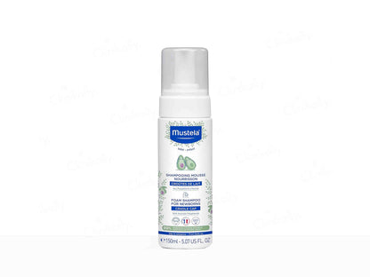 Mustela baby shampoo bottle on a white background