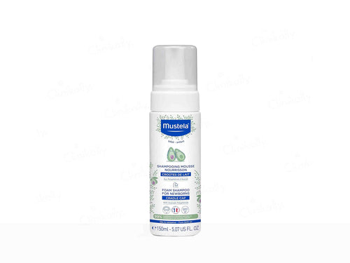 Mustela baby shampoo bottle on a white background